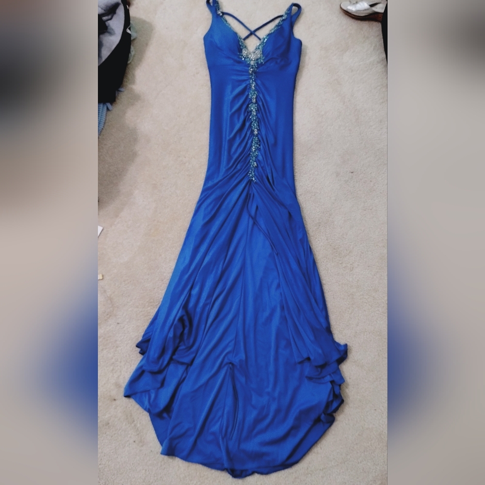 90s B'Dazzle Alyce Paris V Neck Cross Cross Embellished Draped Ruched Train Gown